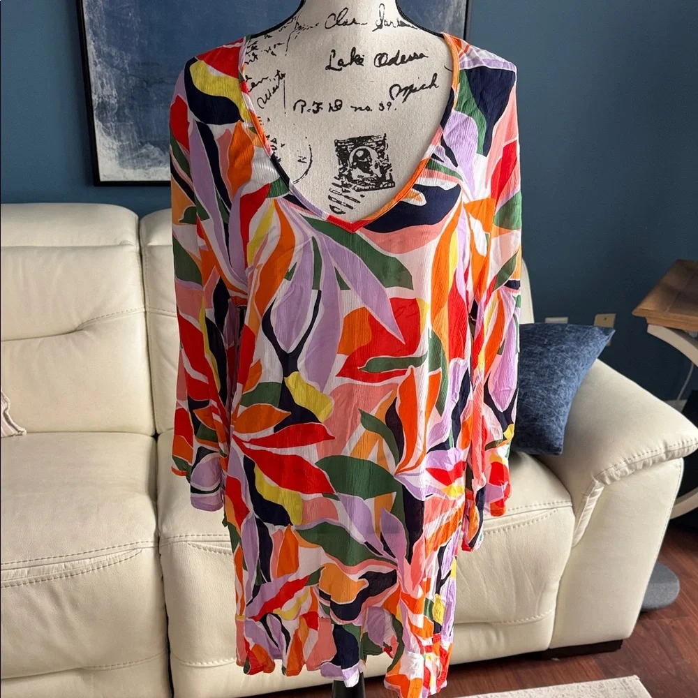 Beach, cover-up Vibrant Multicolor Leaf Pattern Dress - Picture 1 of 10
